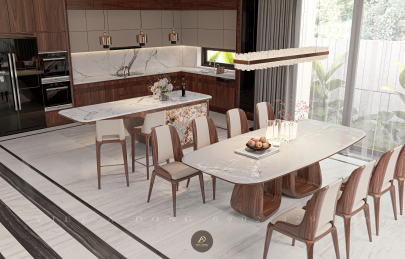 Bộ bàn ăn gỗ óc chó mặt đá cao cấp, tiền nào của đấy